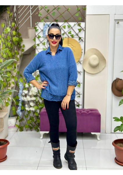 NC516021 Italyan Leopar Desen Fularlı Erkek Yaka Kazak Saks fiyatları