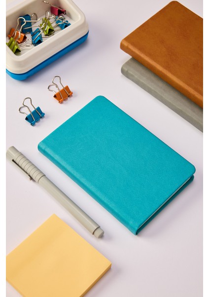 Kişiye Özel Hediyelik Cep Boy Lastikli Çizgili 192 Sayfa Turkuaz Deri Not Defteri