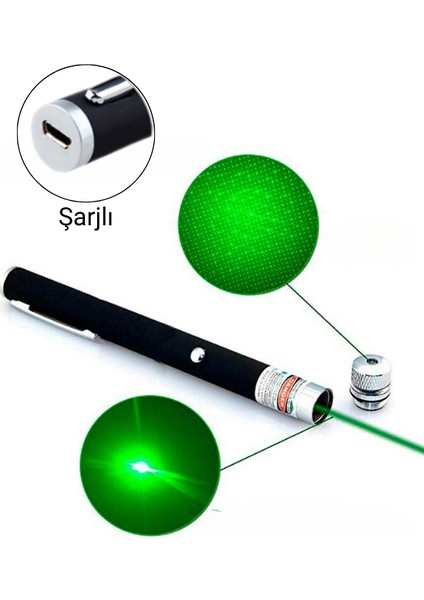 FX-201 USB Şarjlı Yeşil Lazer Pointer Işaretleyici – 5 Başlıklı