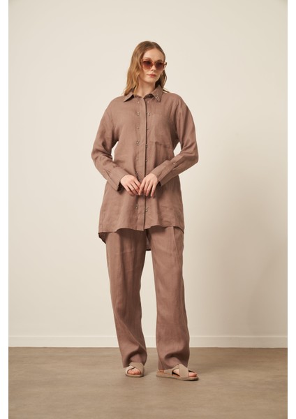 Kadın Ham Keten Takım Vizon 31115 modelleri