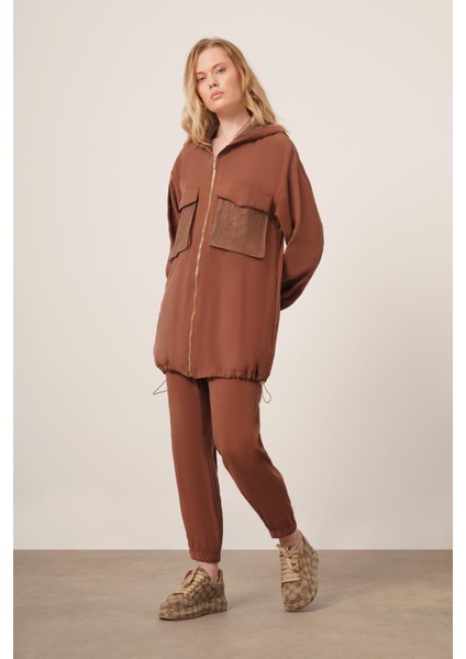 Kadın File Detaylı Pantolonlu Takım Kahve 30713