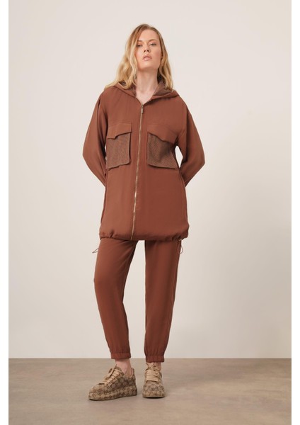 Kadın File Detaylı Pantolonlu Takım Kahve 30713 modelleri