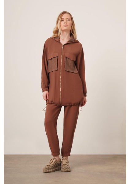 Kadın File Detaylı Pantolonlu Takım Kahve 30713 fırsatları