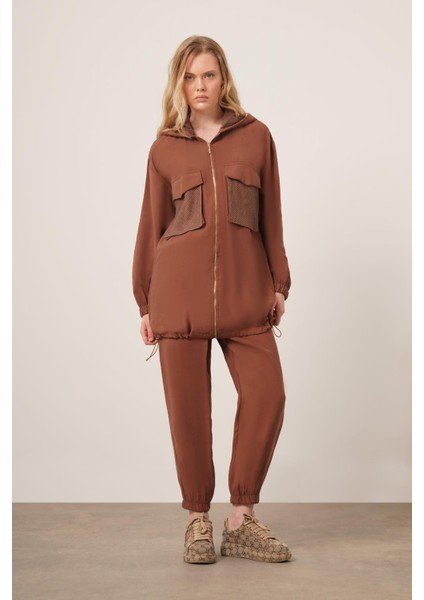 Kadın File Detaylı Pantolonlu Takım Kahve 30713 indirimleri