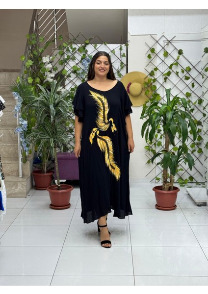 VL9636 Tüy Baskılı Yarım Kol Vual Elbise Siyah