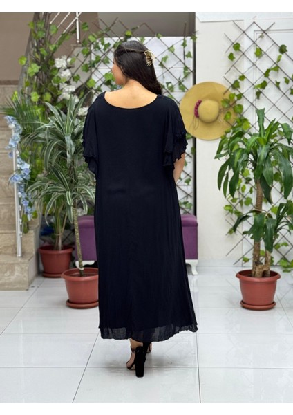 VL9636 Tüy Baskılı Yarım Kol Vual Elbise Siyah fiyatları