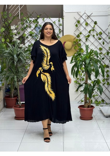 VL9636 Tüy Baskılı Yarım Kol Vual Elbise Siyah modelleri