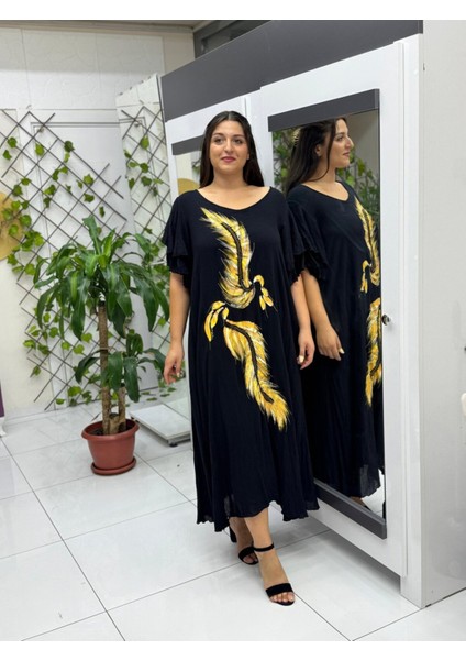 VL9636 Tüy Baskılı Yarım Kol Vual Elbise Siyah fırsatları