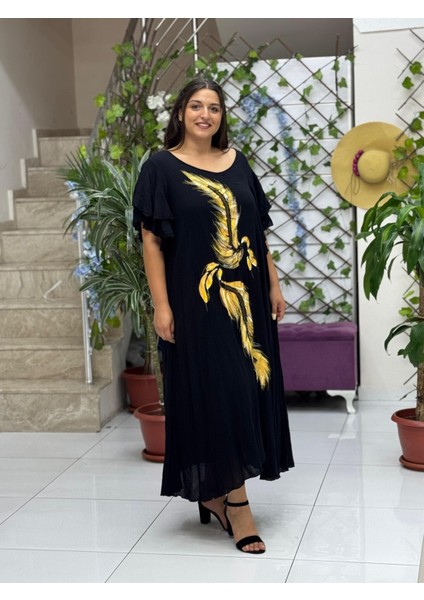 VL9636 Tüy Baskılı Yarım Kol Vual Elbise Siyah indirimleri