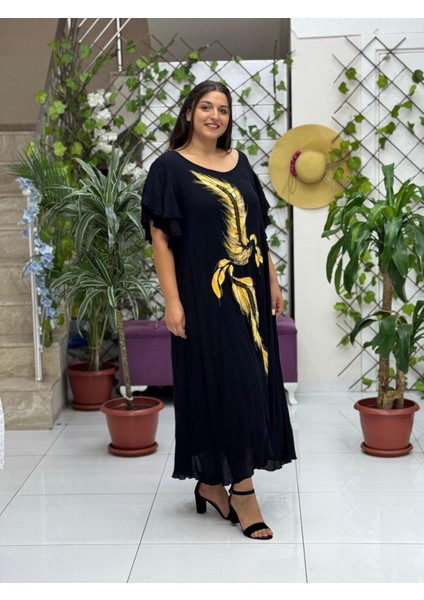 VL9636 Tüy Baskılı Yarım Kol Vual Elbise Siyah