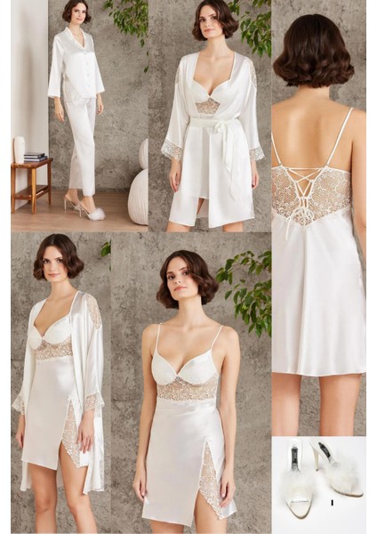 Saten Sabahlık Gecelik Pijama Takım Şortlu Takım Terlik Hediyeli Gelin Çeyiz Seti