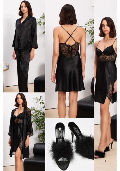 Saten Sabahlık Gecelik Pijama Takım Şortlu Takım Terlik Hediyeli Gelin Çeyiz Seti