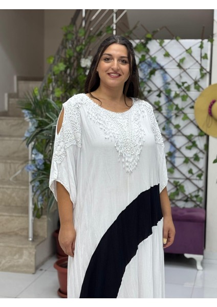 VL8870 Omuz Pencereli Şerit Desenli Dantelli Vual Elbise Beyaz