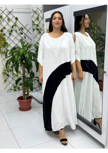 VL8870 Omuz Pencereli Şerit Desenli Dantelli Vual Elbise Beyaz fiyatları