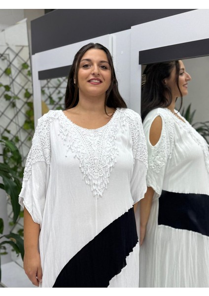 VL8870 Omuz Pencereli Şerit Desenli Dantelli Vual Elbise Beyaz modelleri