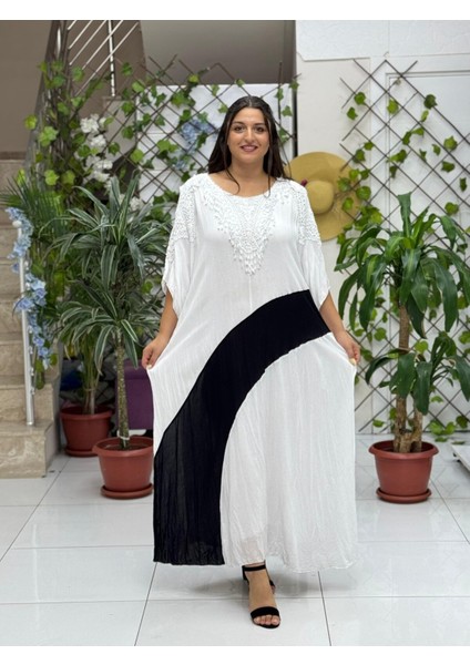 VL8870 Omuz Pencereli Şerit Desenli Dantelli Vual Elbise Beyaz fırsatları