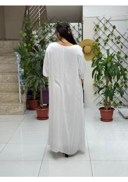 VL8870 Omuz Pencereli Şerit Desenli Dantelli Vual Elbise Beyaz indirimleri