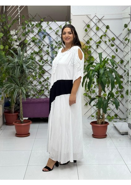 VL8870 Omuz Pencereli Şerit Desenli Dantelli Vual Elbise Beyaz