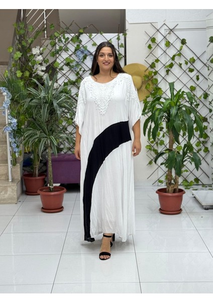 VL8870 Omuz Pencereli Şerit Desenli Dantelli Vual Elbise Beyaz