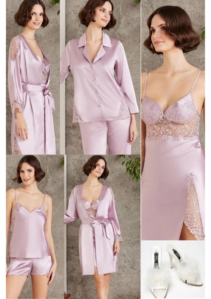 Saten Sabahlık Gecelik Pijama Takım Şortlu Takım Terlik Hediyeli Gelin Çeyiz Seti