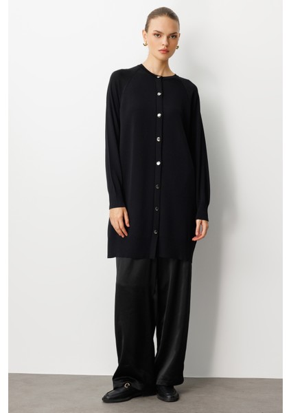 Premium Rayon Uzun Düğmeli Siyah Hırka