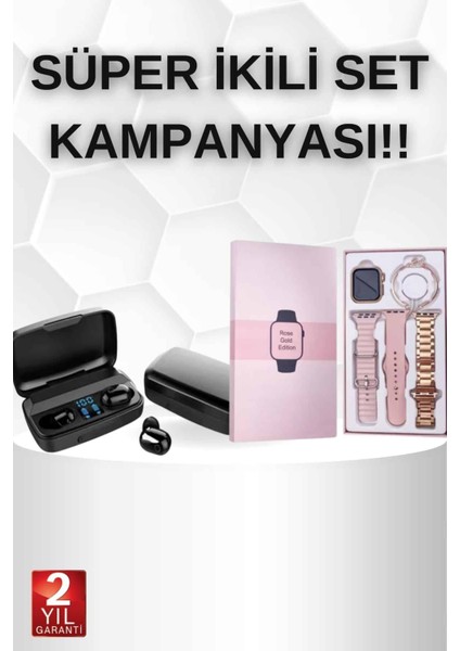Zengezur Wireless Şarjlı Pembe Akıllı Saat ve Kablosuz Bluetooth Kulaklık Dokunmatik Kontrol
