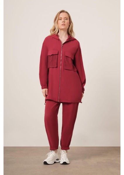 Kadın File Detaylı Pantolonlu Takım Bordo 30713