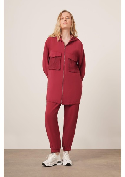Kadın File Detaylı Pantolonlu Takım Bordo 30713 fırsatları