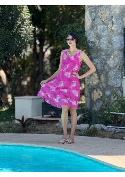 YG205070 Italyan Yaprak Desen Coton Elbise Pembe