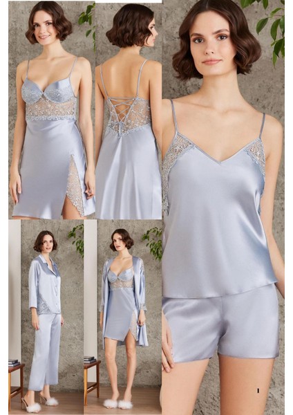 Saten Sabahlık Gecelik Pijama Takım Şortlu Takım Terlik Hediyeli Gelin Çeyiz Seti