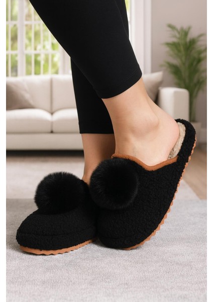 Kadın Ponponlu Ev Terliği Ses Yapmaz Kalın Taban Kışlık Terlik