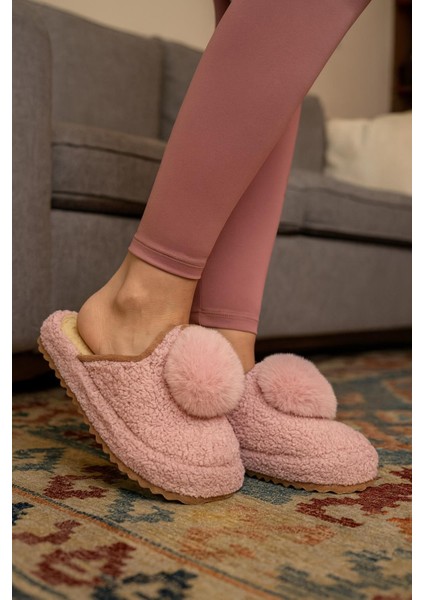 Kadın Ponponlu Ev Terliği Ses Yapmaz Kalın Taban Kışlık Terlik