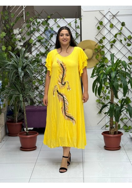 VL9636 Tüy Baskılı Yarım Kol Vual Elbise Sarı