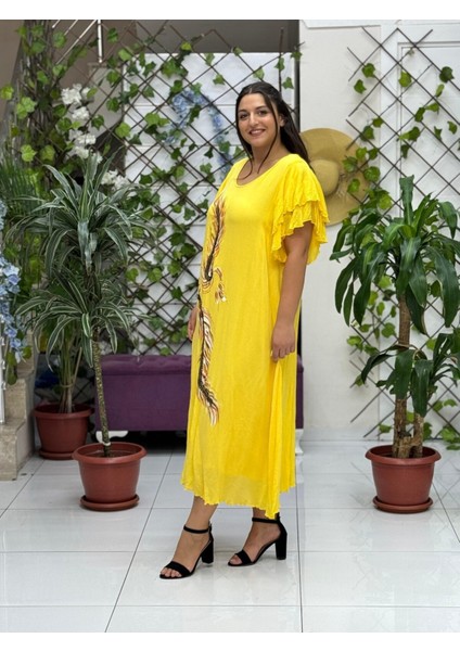 VL9636 Tüy Baskılı Yarım Kol Vual Elbise Sarı fiyatları