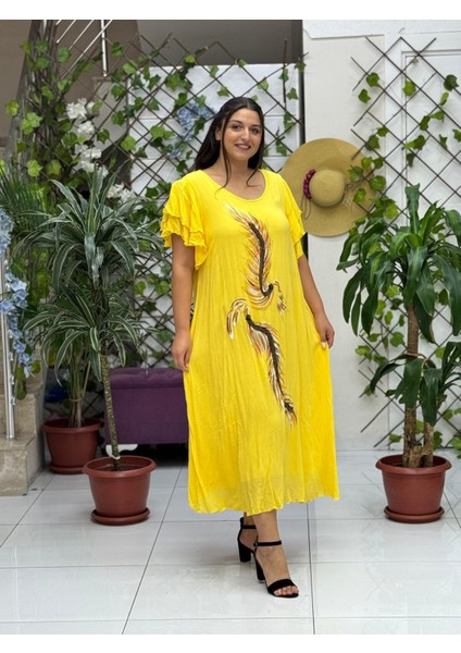 VL9636 Tüy Baskılı Yarım Kol Vual Elbise Sarı modelleri