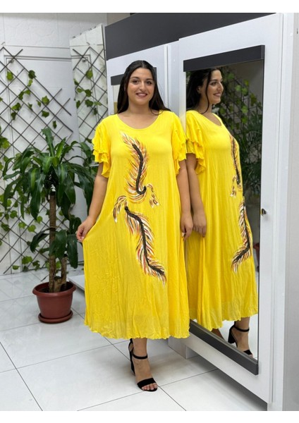 VL9636 Tüy Baskılı Yarım Kol Vual Elbise Sarı fırsatları
