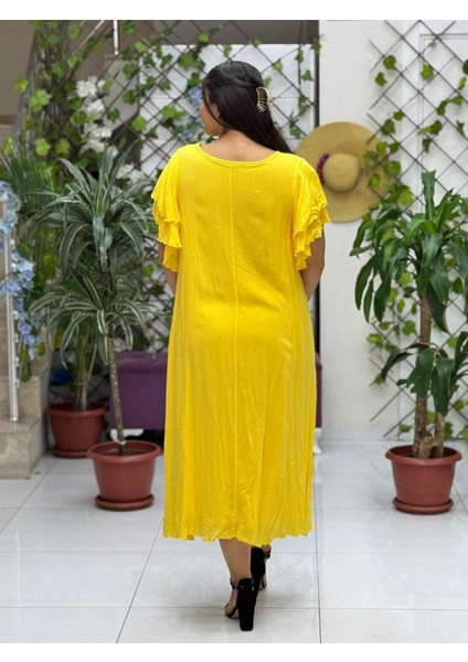 VL9636 Tüy Baskılı Yarım Kol Vual Elbise Sarı indirimleri