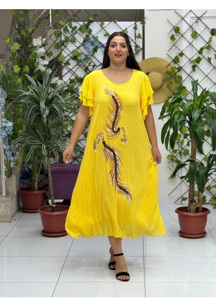 VL9636 Tüy Baskılı Yarım Kol Vual Elbise Sarı