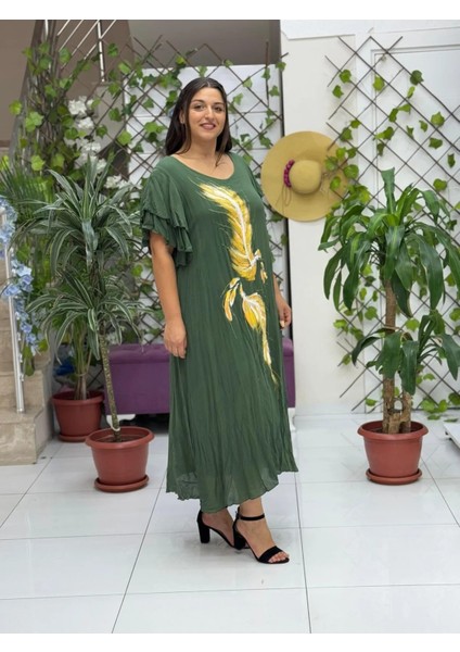 VL9636 Tüy Baskılı Yarım Kol Vual Elbise Haki