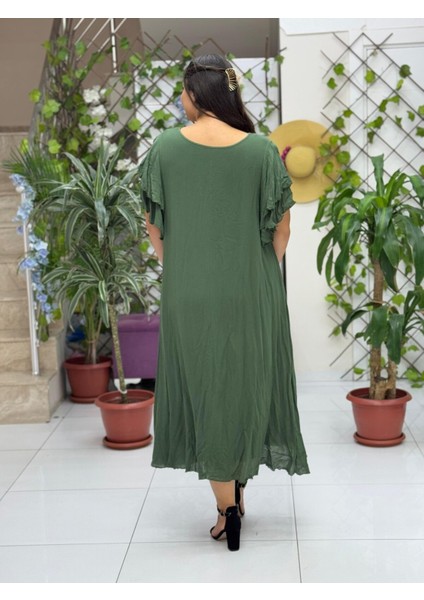 VL9636 Tüy Baskılı Yarım Kol Vual Elbise Haki fiyatları