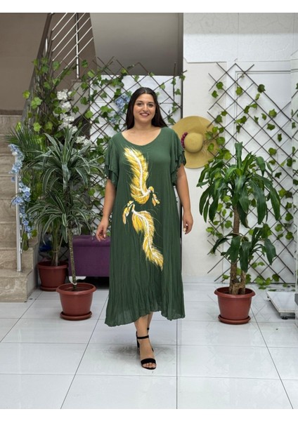 VL9636 Tüy Baskılı Yarım Kol Vual Elbise Haki modelleri