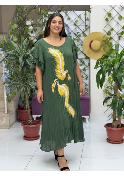 VL9636 Tüy Baskılı Yarım Kol Vual Elbise Haki fırsatları