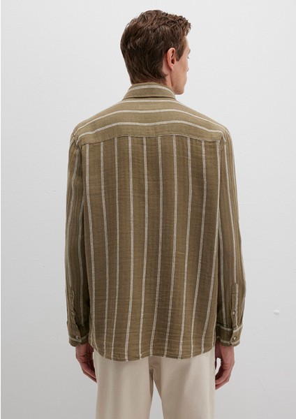 Keten Karışımlı Çizgili Yeşil Gömlek 0211730-91111