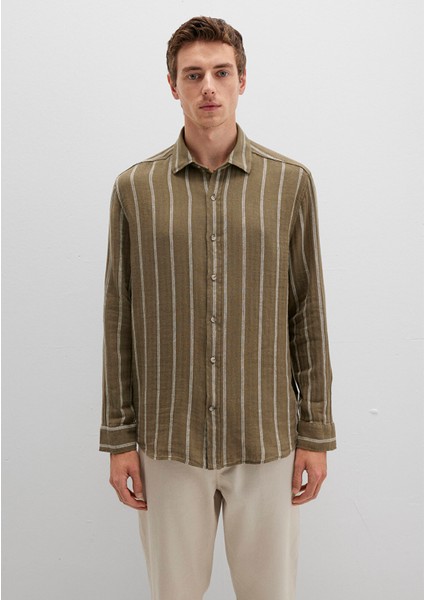 Keten Karışımlı Çizgili Haki Gömlek 0211730-91111
