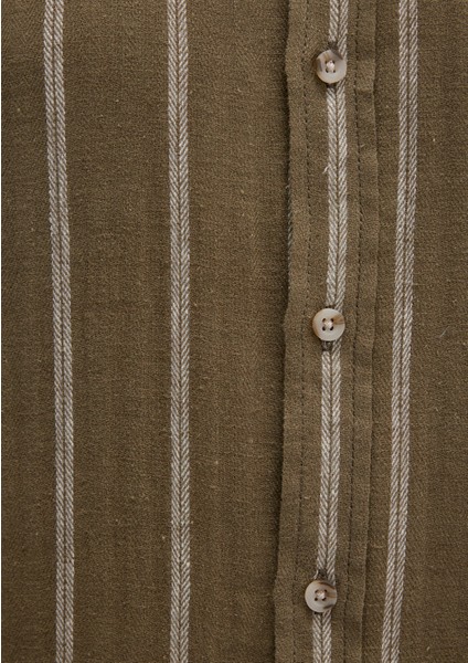 Keten Karışımlı Çizgili Haki Gömlek 0211730-91111