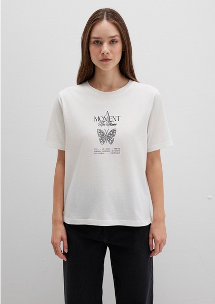 Kelebek Baskılı Ekru Tişört 1613462-70057