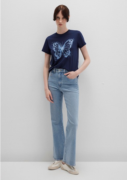 Kelebek Baskılı Lacivert Tişört 1613456-70497