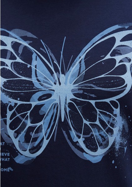 Kelebek Baskılı Lacivert Tişört 1613456-70497