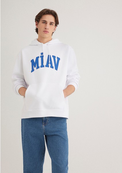 Miav Baskılı Kapüşonlu Beyaz Sweatshirt 0S10122-620