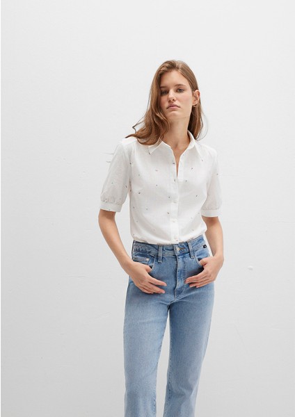 Çiçek Baskılı Ekru Gömlek 1210060-90701